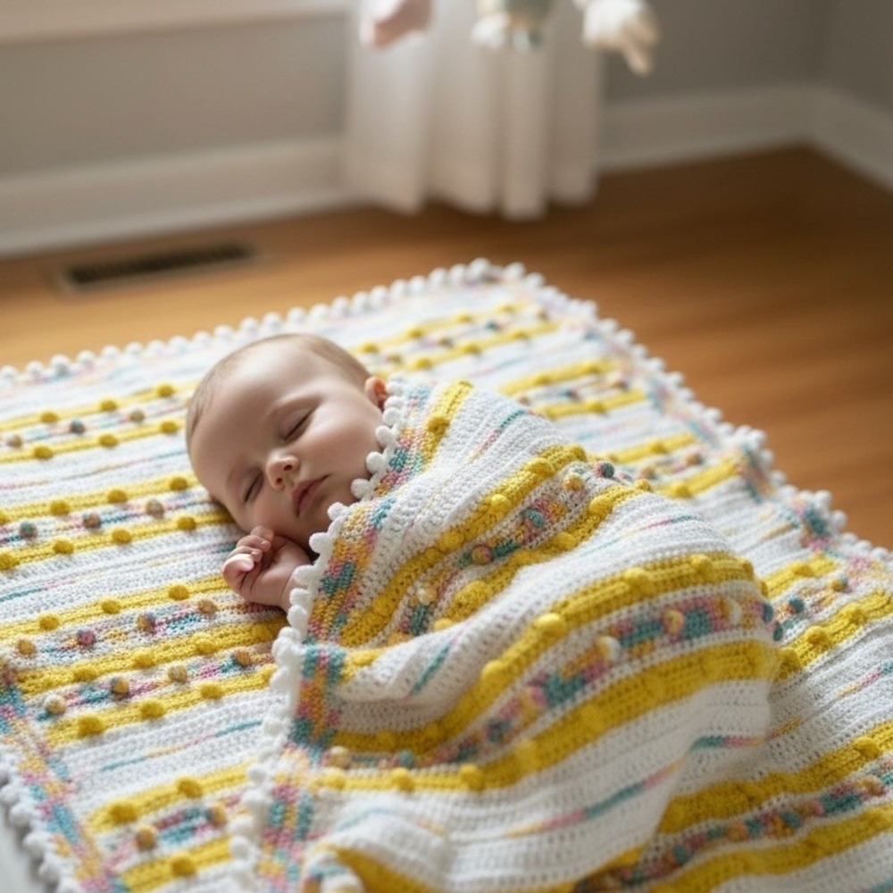 Little Duck Crochet Baby Blanket Pastel Stripe Bobble Pom Pom Edge 36x36